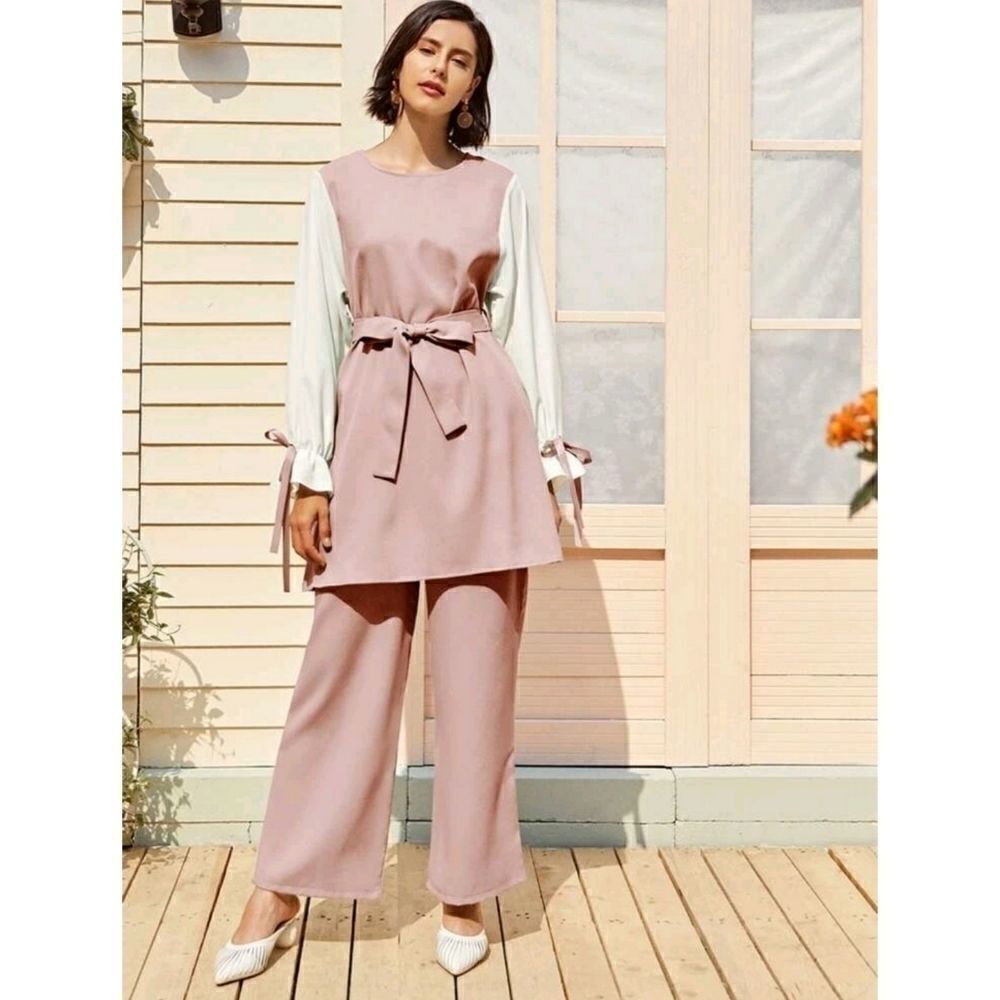 Pink Colorblock Whire Belted Bow Blouse & Pants Set NWT